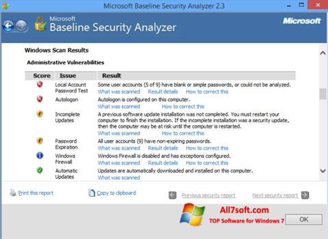 Captura de pantalla Microsoft Baseline Security Analyzer para Windows 7